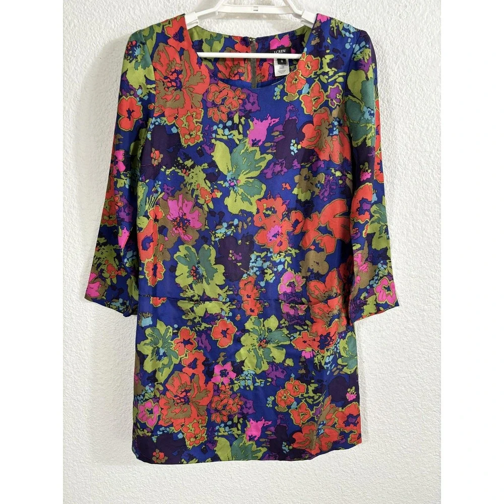 J.Crew Dress Womens 0 Blue Multicolor Floral 100% Silk‎ Lined Mini Style 61607